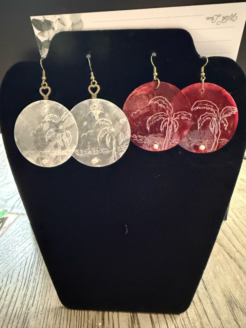 Handcrafted capiz shell engraved Beach Scene hypoallergenic Earrings 2 pair